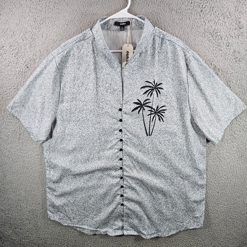 NEW Ouku Mens 2XL Grey Palm Tree Graphic Short Sleeve Button‎ Down Shirt New
